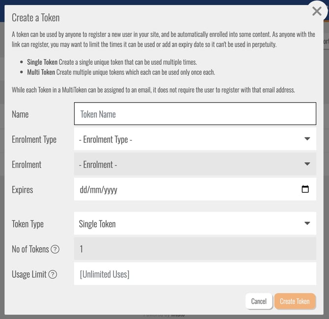 Create a Token popup