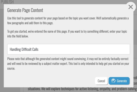 Generate page content popup