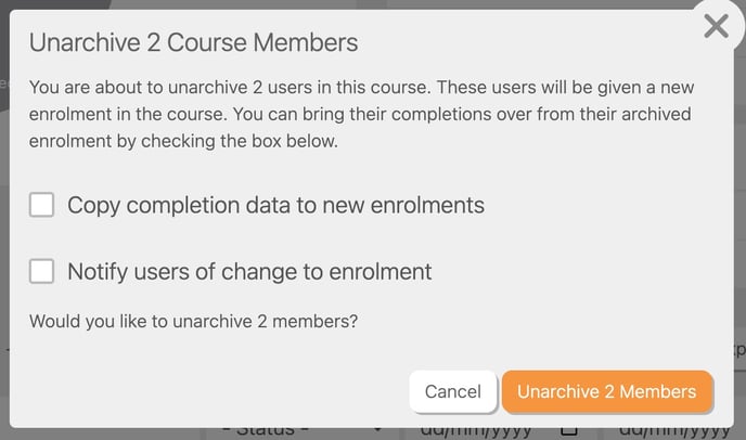Unarchive course members popup