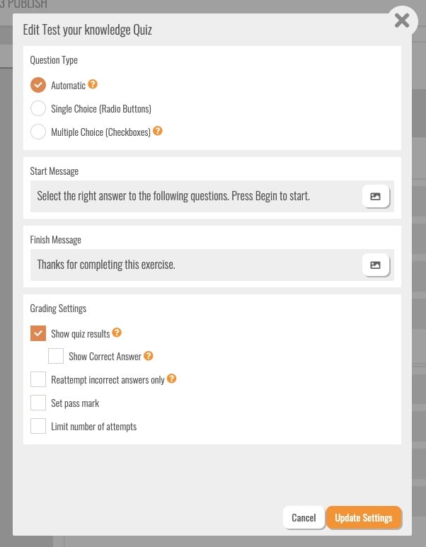 quiz settings popup